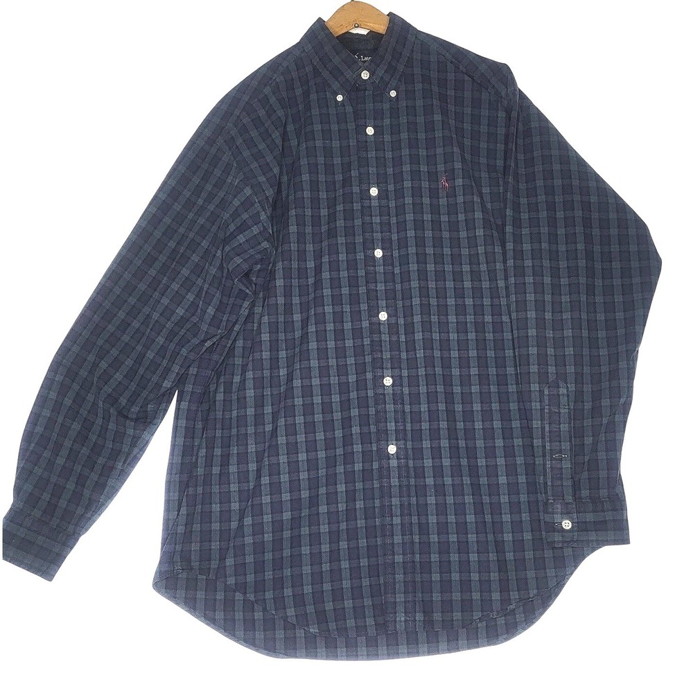 EUC Ralph Lauren Mens Button Down Shirt Size M Cotton Blue/Green Plaid VTG Y2K